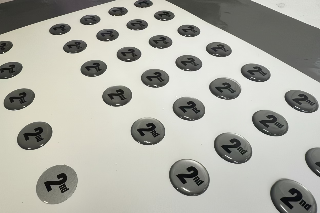 Sheet of round stickers with '2nd' printed on them, arranged in a grid pattern.