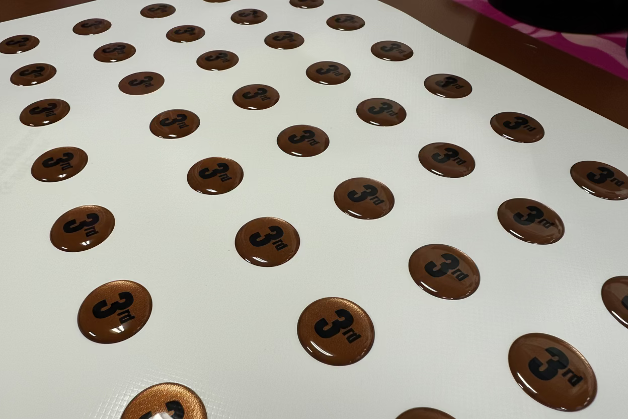 Brown circular stickers with '3rd' text on a white sheet