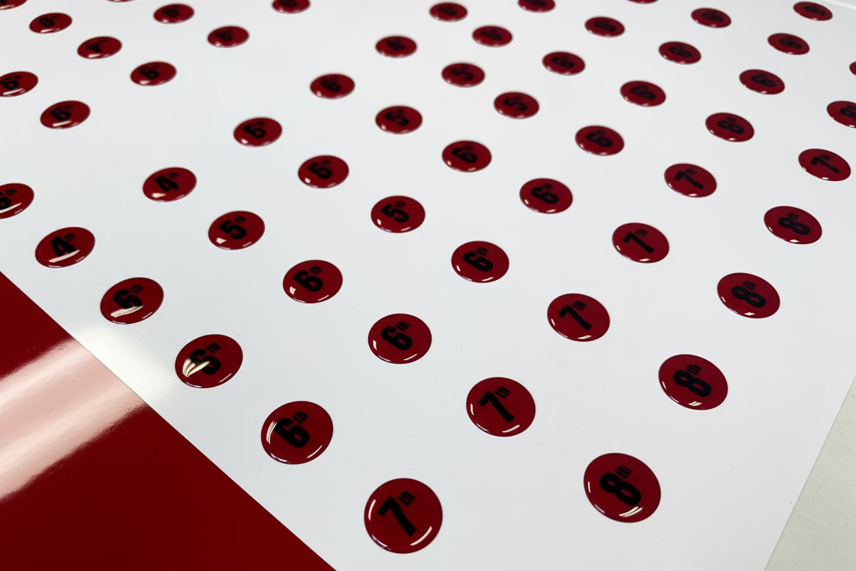 Red circular stickers with black symbols on a white surface